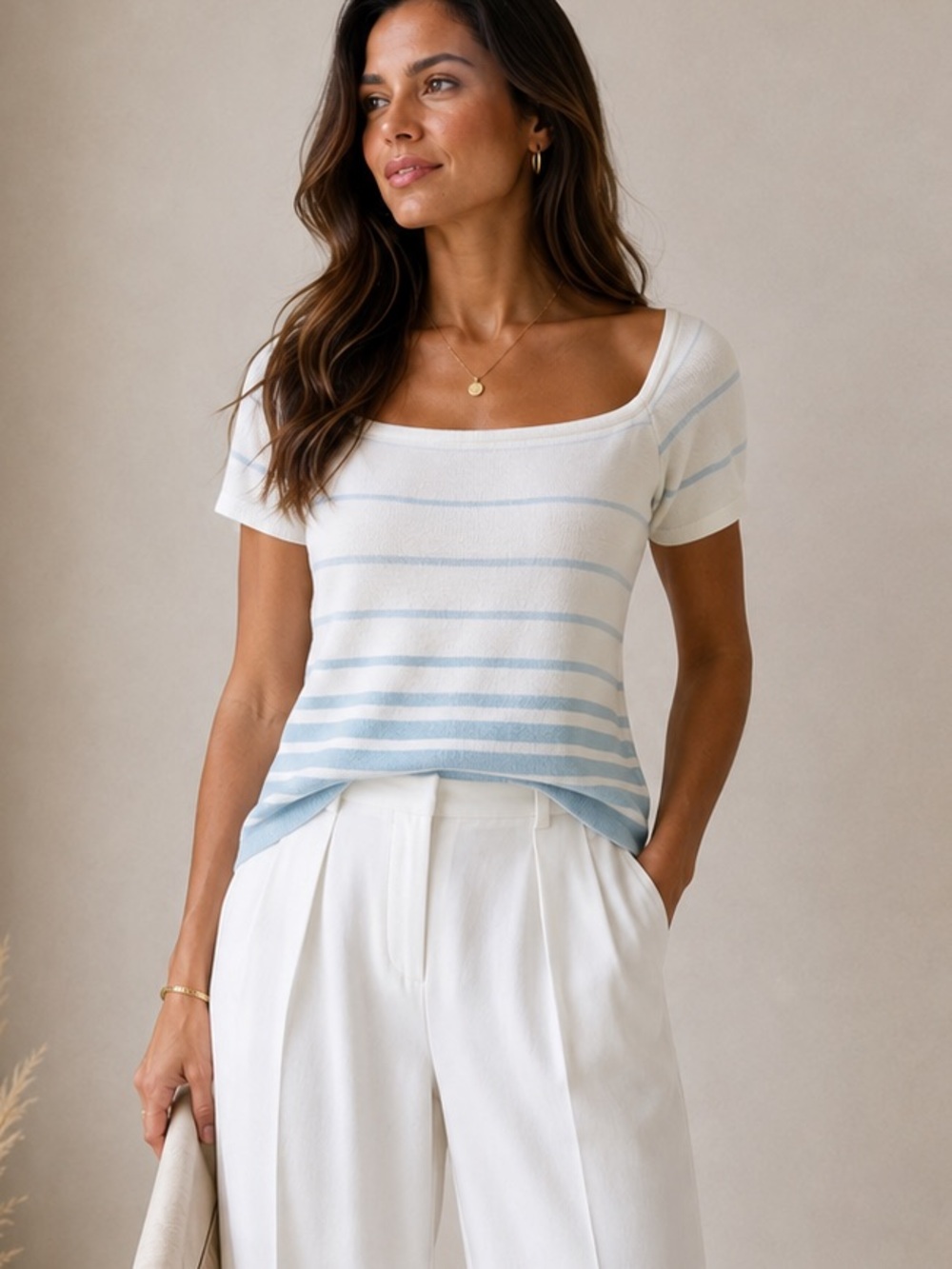Unknown Brand - White & Soft Blue Stripe Top - Made in Italy